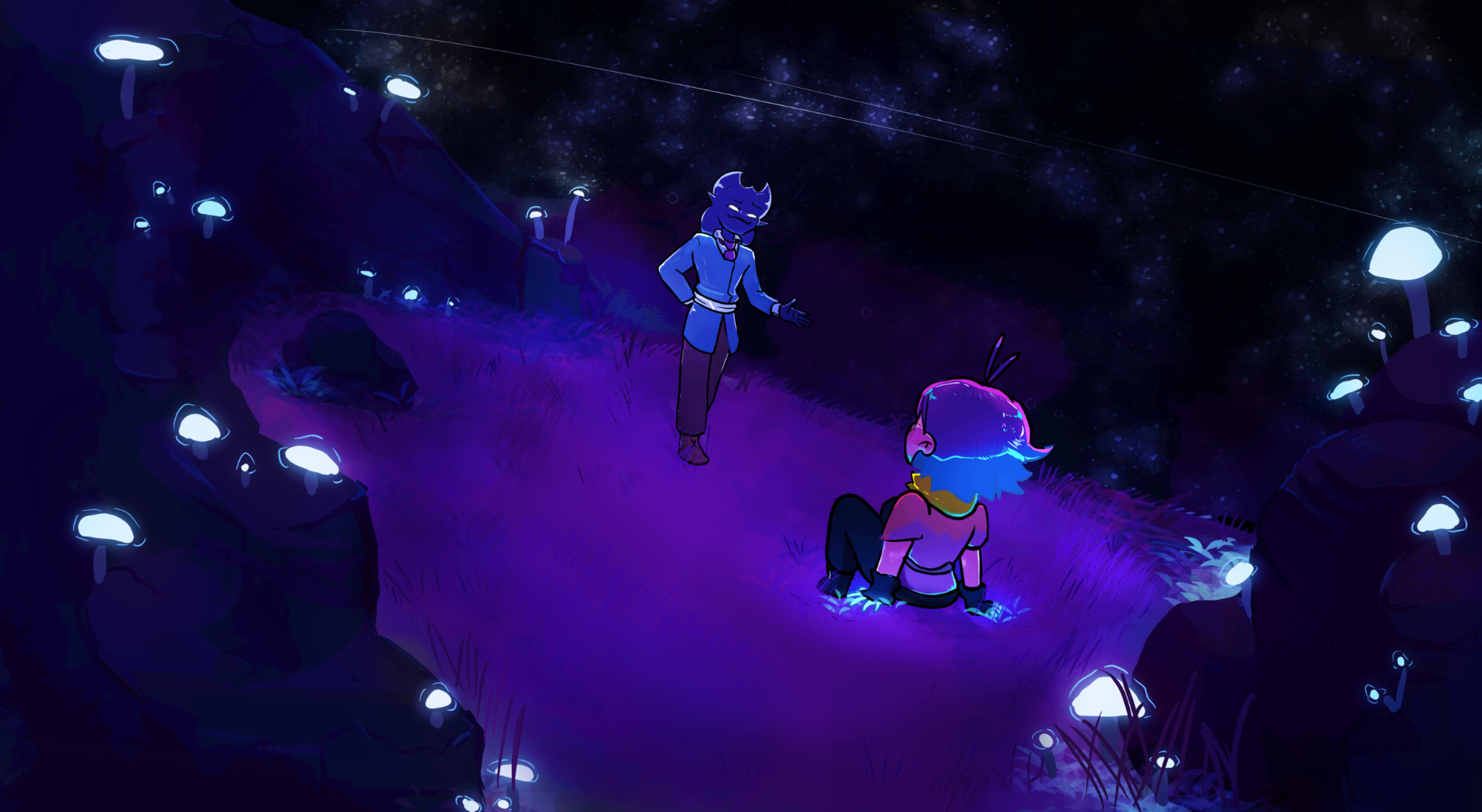 Spectro y Halley en una ladera bioluminiscente bajo el cielo estrellado